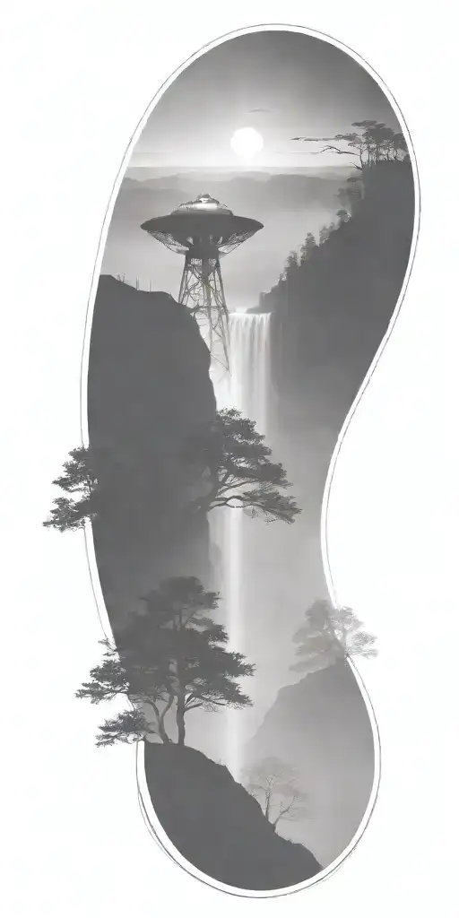 dark atmosphere fog big river waterfall mountain radio telescope tattoo design idea
