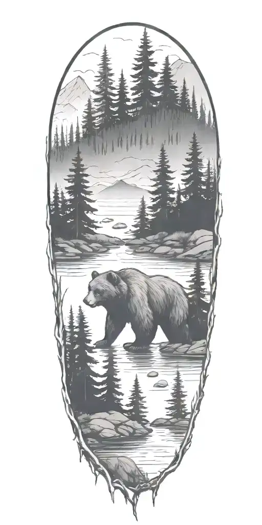 small river surrounded by fir trees and bear in middle. fog tattoo design idea