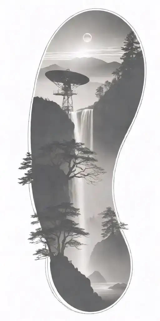 dark atmosphere fog river waterfall mountain radio telescope tattoo design idea
