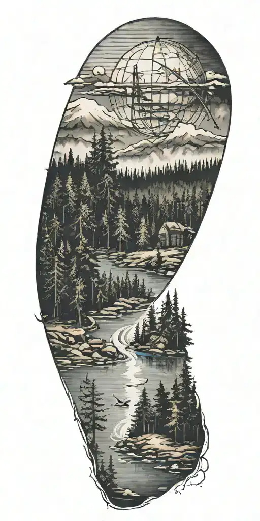 Fir Trees Fog Dark atmosphere River Mountain Landscape satelite antenna tattoo design idea