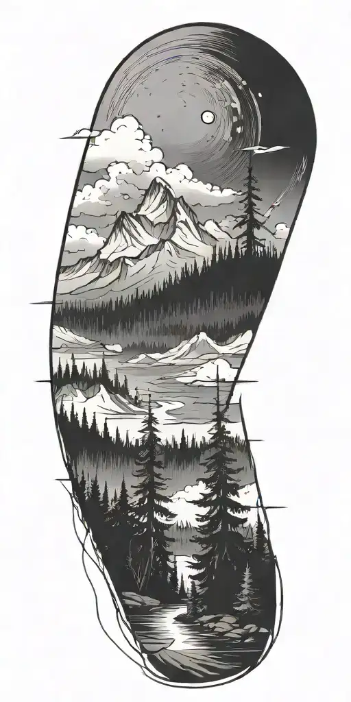 Fir Trees Fog Dark atmosphere River Mountain Landscape satelite antenna tattoo design idea