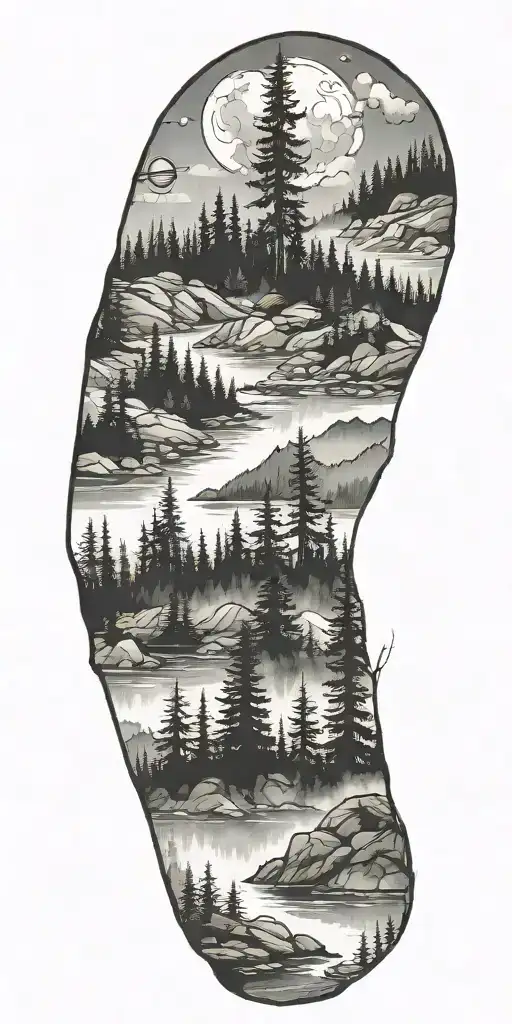 Fir Trees Fog Dark atmosphere River Mountain Landscape satelite antenna tattoo design idea