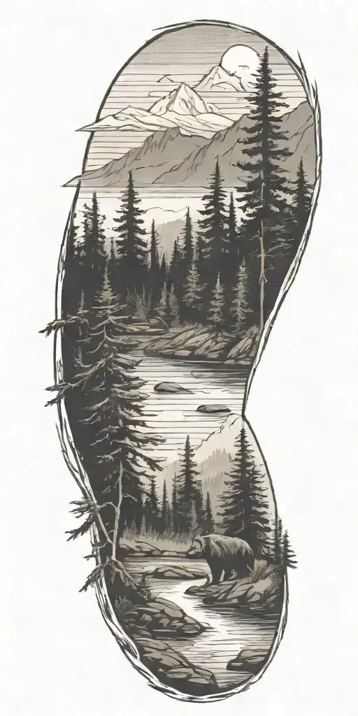 fir trees fog dark river mountain landscape bear tattoo design idea