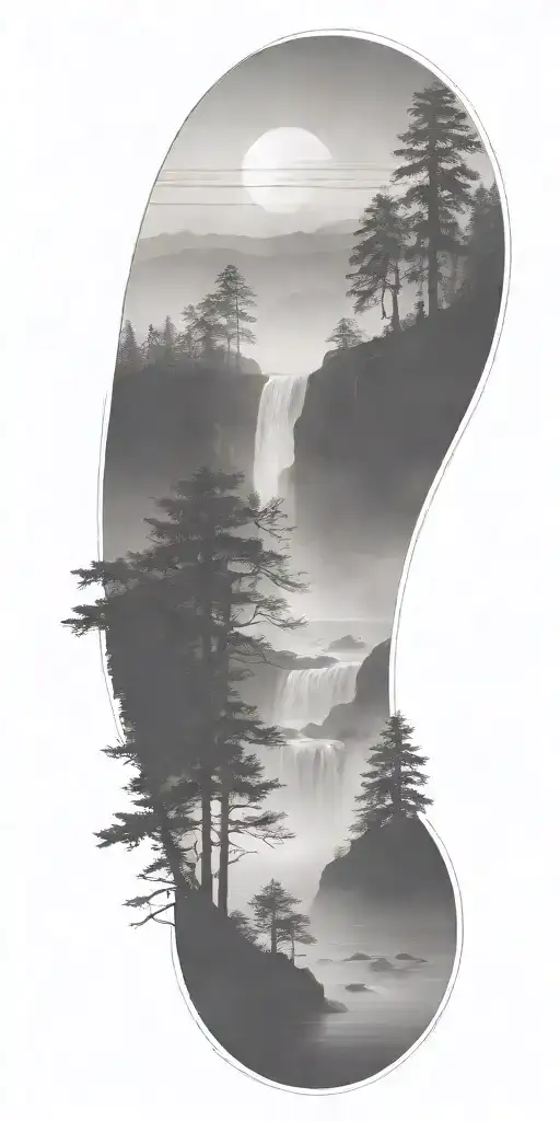 dark atmosphere fog river waterfall mountain small radio antenna tattoo design idea