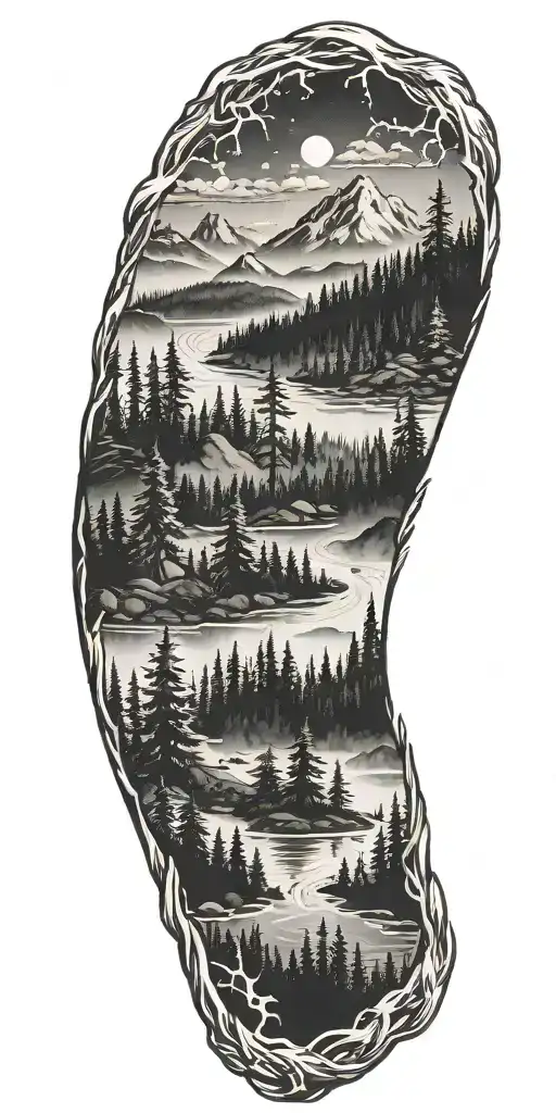 Fir Trees Fog Dark atmosphere River Mountain Landscape satelite antenna tattoo design idea