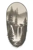 river fir trees fog dark stones trunk, bear in cave under waterfall tattoo design idea