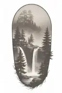 river fir trees fog dark stones trunk, bear in cave under waterfall tattoo design idea