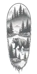 small river surrounded by fir trees and bear in middle. fog tattoo design idea