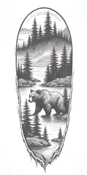small river surrounded by fir trees and bear in middle. fog tattoo design idea