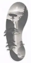 dark atmosphere fog river waterfall mountain radio telescope tattoo design idea