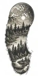 Fir Trees Fog Dark atmosphere River Mountain Landscape satelite antenna tattoo design idea