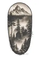 river fir trees fog dark stones trunk tattoo design idea