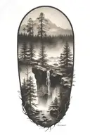 river fir trees fog dark stones trunk tattoo design idea