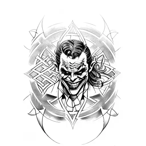 An artistic fusion of the Joker and Loki, with their iconic symbols intertwined and surrounded by mystical Norse runes tattoo design idea