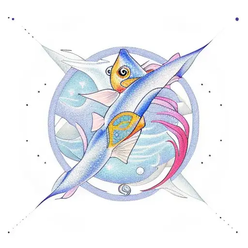 A minimalist tattoo of a Pisces fish, a Virgo maiden, and a Libra scale creatively combined into one design tattoo design idea