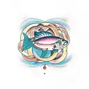 A minimalist tattoo of a Pisces fish, a Virgo maiden, and a Libra scale creatively combined into one design tattoo design idea