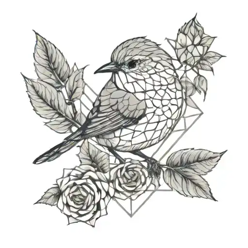 wren sitting one the roses tattoo design idea