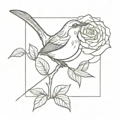 wren bird sitting on a rose line drawing style tattoo design idea