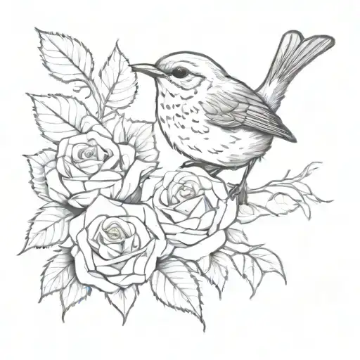 wren bird and rose tattoo design idea
