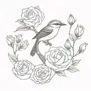 wren bird, a bass fish, and a rose  tattoo design idea