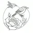 wren bird, a bass fish, and a rose  tattoo design idea
