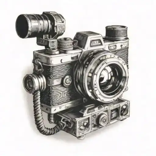 A surreal scene of a camera morphing into a light source, casting shadows in the shape of movie scenes tattoo design idea