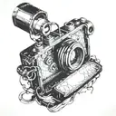 A surreal scene of a camera morphing into a light source, casting shadows in the shape of movie scenes tattoo design idea