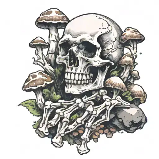 Skeleton hand making rock and hand signal with mushrooms and moss growing off the bones tattoo design idea