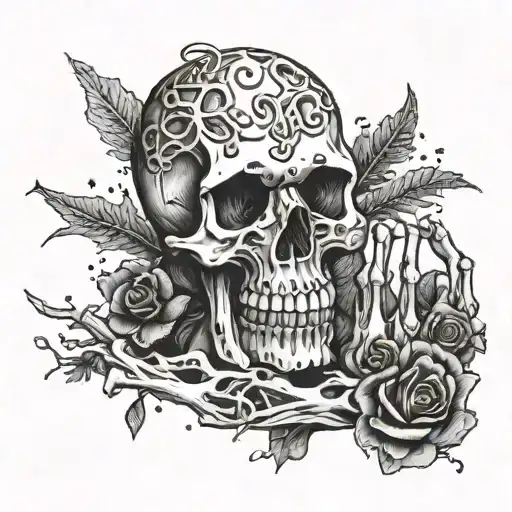 Skeleton hand making rock and roll hand signal with mushrooms and moss growing on the bones tattoo design idea