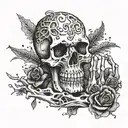 Skeleton hand making rock and roll hand signal with mushrooms and moss growing on the bones tattoo design idea