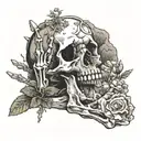 Skeleton hand making rock and roll hand signal with mushrooms and moss growing on the bones tattoo design idea