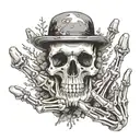 Skeleton hand making rock and roll hand signal with mushrooms and moss growing on the bones tattoo design idea