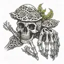 Skeleton hand making rock and roll hand signal with mushrooms and moss growing on the bones tattoo design idea