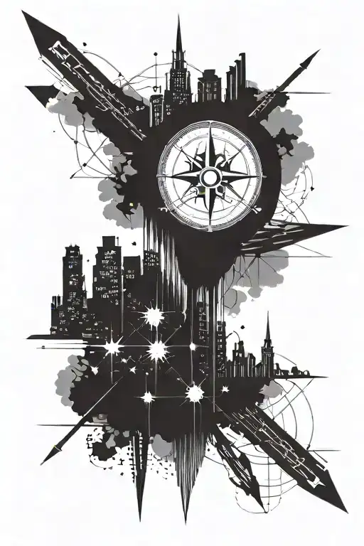 compass, yes, lightning bolt, dream, city skyline  tattoo design idea