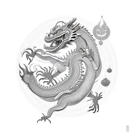 An oriental dragon surrounded by symbols of wealth and prosperity in a sketch style tattoo design idea