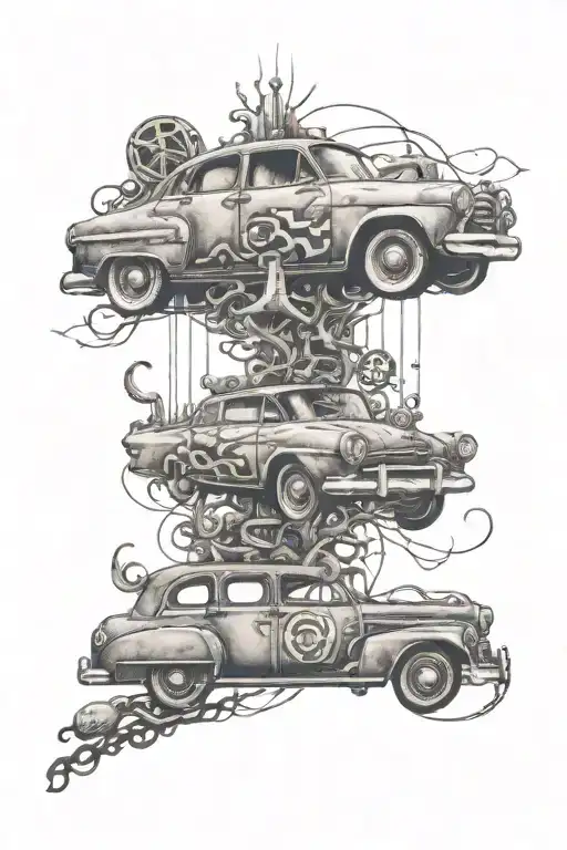 A surreal tattoo design incorporating surreal imagery of cars and addiction symbols in a dream-like composition representing the journey towards sobriety tattoo design idea