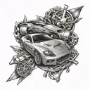 A tattoo design featuring a sleek sports car intertwined with symbols of recovery and overcoming addiction tattoo design idea