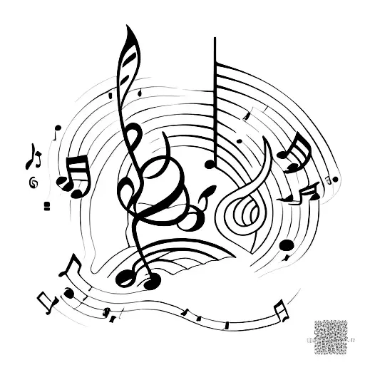 A minimalist tattoo of a cat silhouette filled with musical notes, symbolizing your love for your cat Ísis and music. tattoo design idea