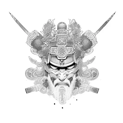 An intricate blackwork design of a samurai helmet with pichação-style lettering surrounding it tattoo design idea