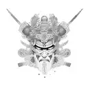 An intricate blackwork design of a samurai helmet with pichação-style lettering surrounding it tattoo design idea