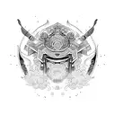 An intricate blackwork design of a samurai helmet with pichação-style lettering surrounding it tattoo design idea