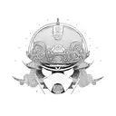 An intricate blackwork design of a samurai helmet with pichação-style lettering surrounding it tattoo design idea