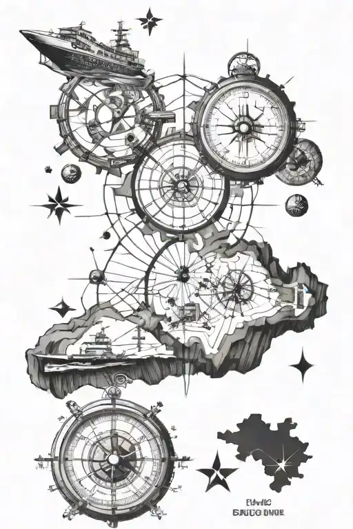 Electronic atom symbols, leave of Daphne, warship frigate, world map, compass, industrial engineer, Flying Holland tattoo design idea