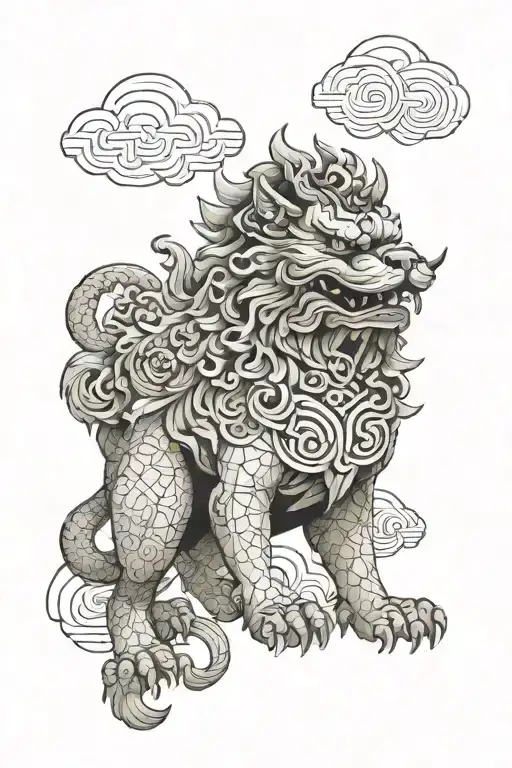 Chinese Foo Dog clouds surrounding tattoo design idea