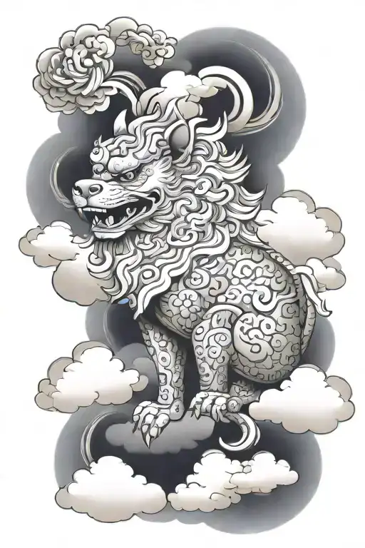 Chinese foo dog sitting in a cloud background tattoo design idea