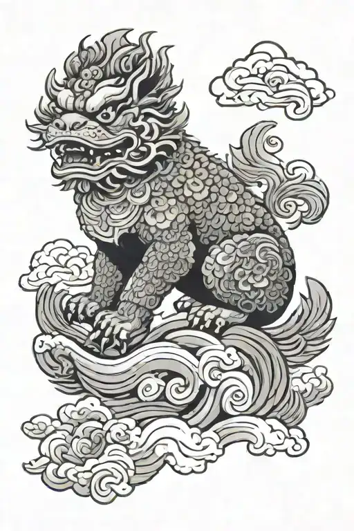 Chinese foo dog sitting in a cloud background black tattoo design idea