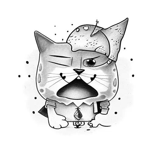 A cute tattoo of SpongeBob SquarePants holding hands with a cat, symbolizing the client's love for both the cartoon character and their pet tattoo design idea