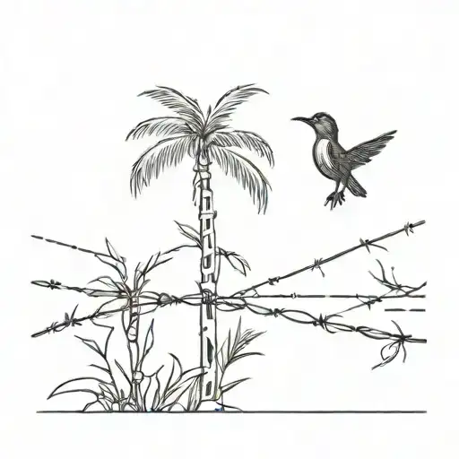 barbed wire with palm trees bird and rose tattoo design idea