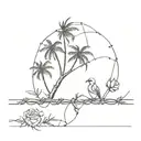 barbed wire with palm trees bird and rose tattoo design idea