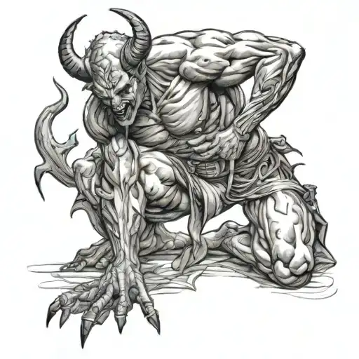 devil kneeling for god tattoo design idea